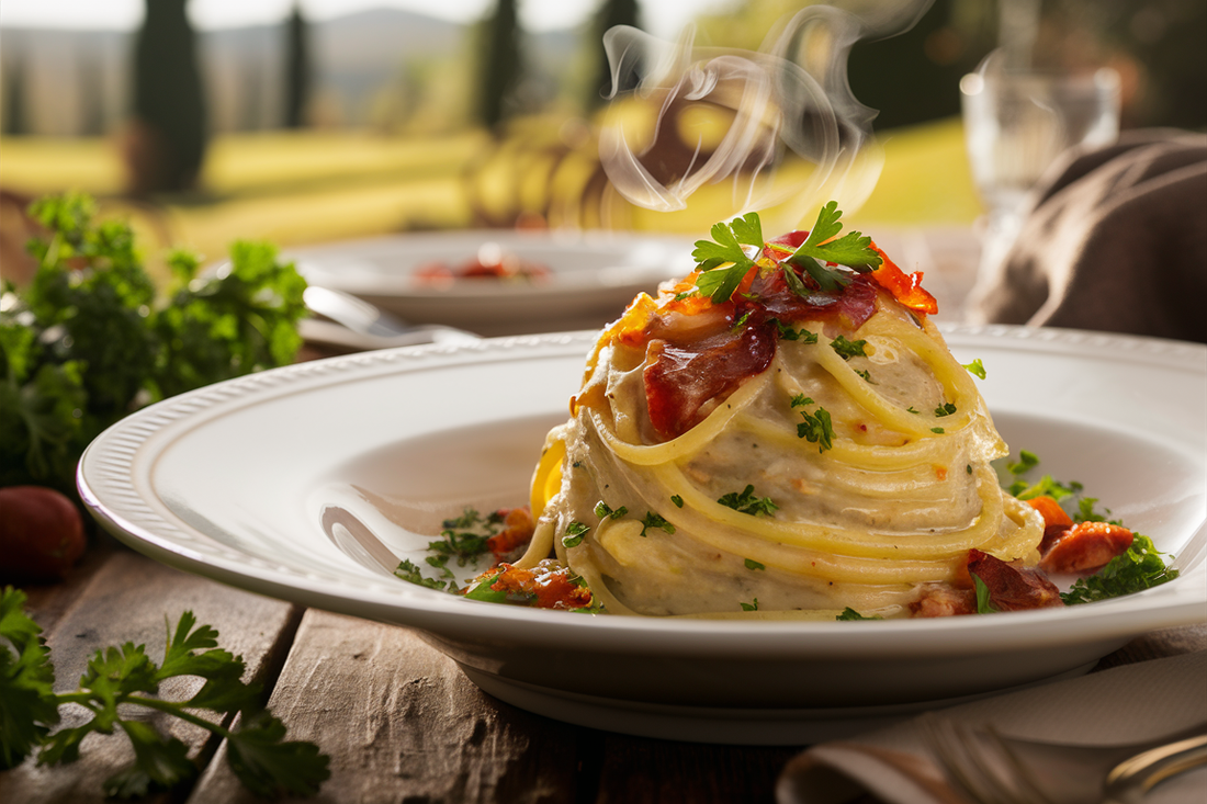 Pasta carbonara, speck, pancetta, halal pancetta, halal speck, Italie, pasta