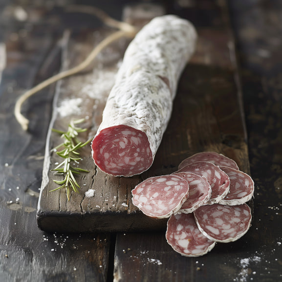 Buchettes saucisson naturel op borrelplank met crackers en kaas. Serveer onze buchettes saucisson naturel op een borrelplank met crackers, kaas en andere lekkernijen.